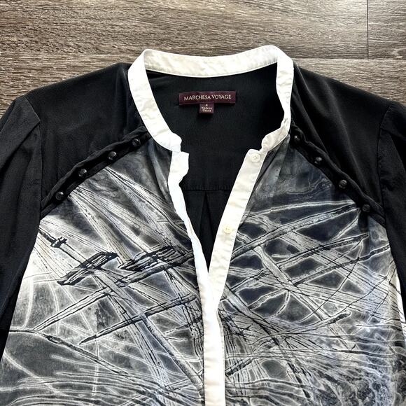 Marchesa Voyage 100% Silk Graphic Print Blouse Sz 4 Black White Long Sleeve VGUC - Picture 5 of 11